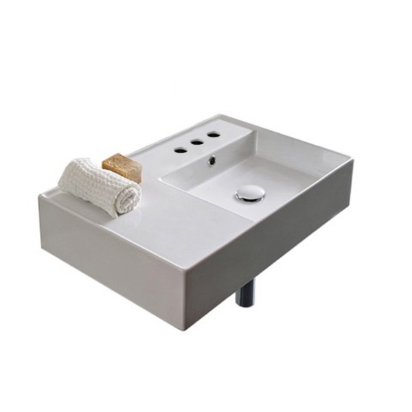 Nameeks 5117-Three-Hole Scarabeo Rectangular Ceramic Wall Mounted or Vessel Sink With Counter Space - White