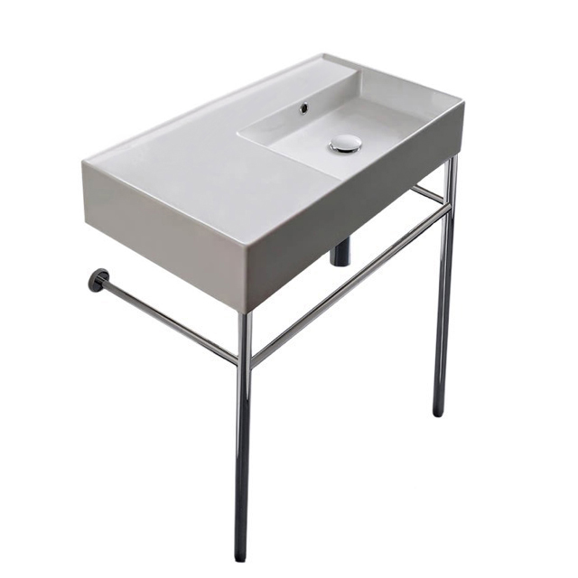 Nameeks 5118-CON-No-Hole Scarabeo Rectangular Ceramic Console Sink and Polished Chrome Stand - White