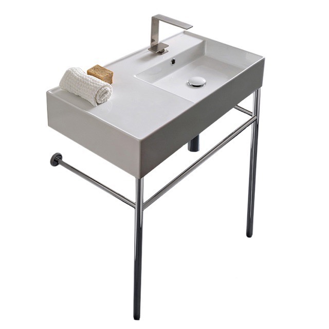 Nameeks 5118-CON-One-Hole Scarabeo Rectangular Ceramic Console Sink and Polished Chrome Stand - White