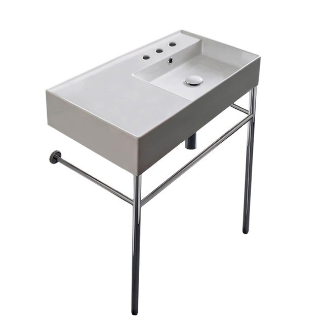 Nameeks 5118-CON-Three-Hole Scarabeo Rectangular Ceramic Console Sink and Polished Chrome Stand - White