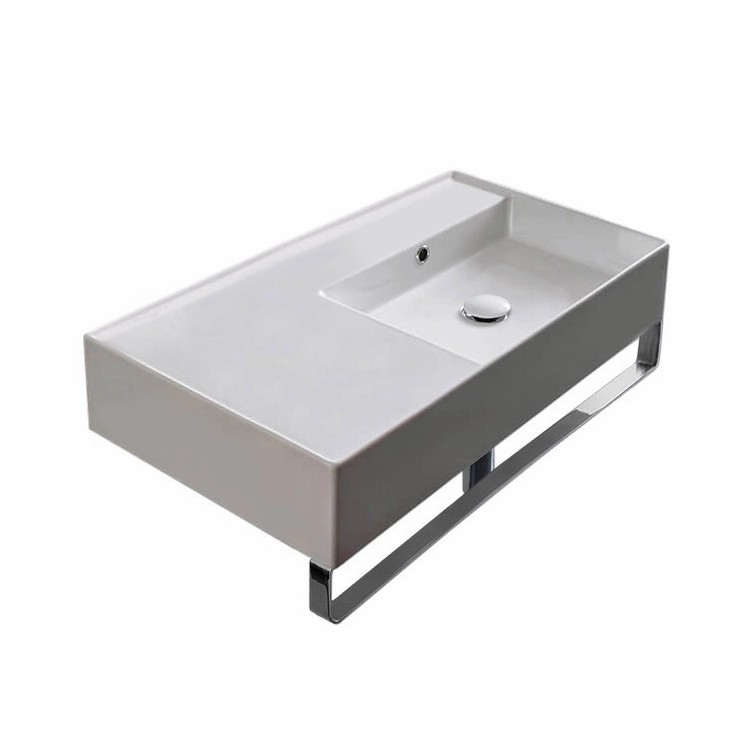 Nameeks 5118-TB-No-Hole Scarabeo Rectangular Ceramic Wall Mounted Sink With Counter Space, Includes Towel Bar - White