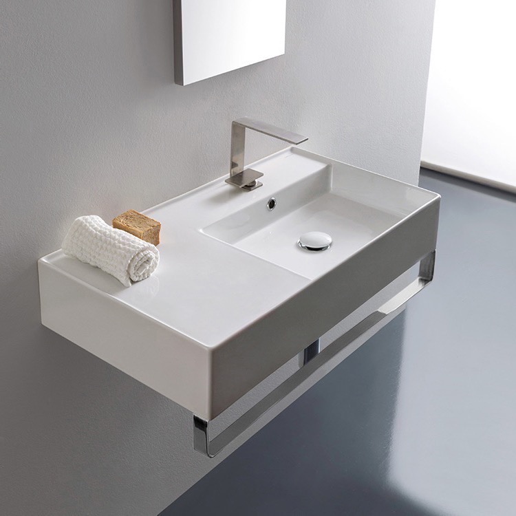 Nameeks 5118-TB-One-Hole Scarabeo Rectangular Ceramic Wall Mounted Sink With Counter Space, Includes Towel Bar - White