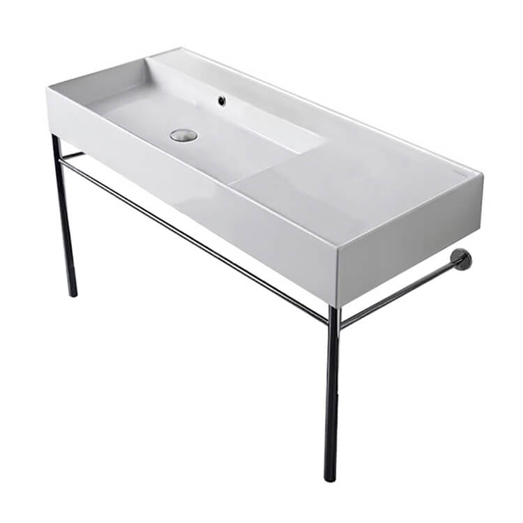 Nameeks 5119-CON-No-Hole Scarabeo Rectangular Ceramic Console Sink and Polished Chrome Stand - White