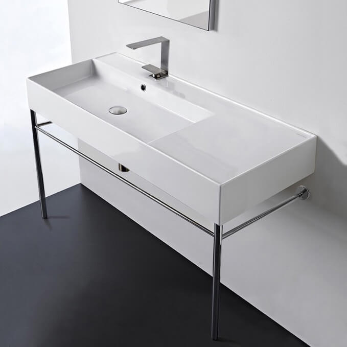 Nameeks 5119-CON-One-Hole Scarabeo Rectangular Ceramic Console Sink and Polished Chrome Stand - White