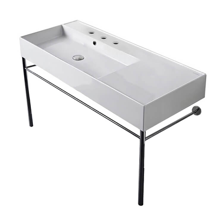 Nameeks 5119-CON-Three-Hole Scarabeo Rectangular Ceramic Console Sink and Polished Chrome Stand - White