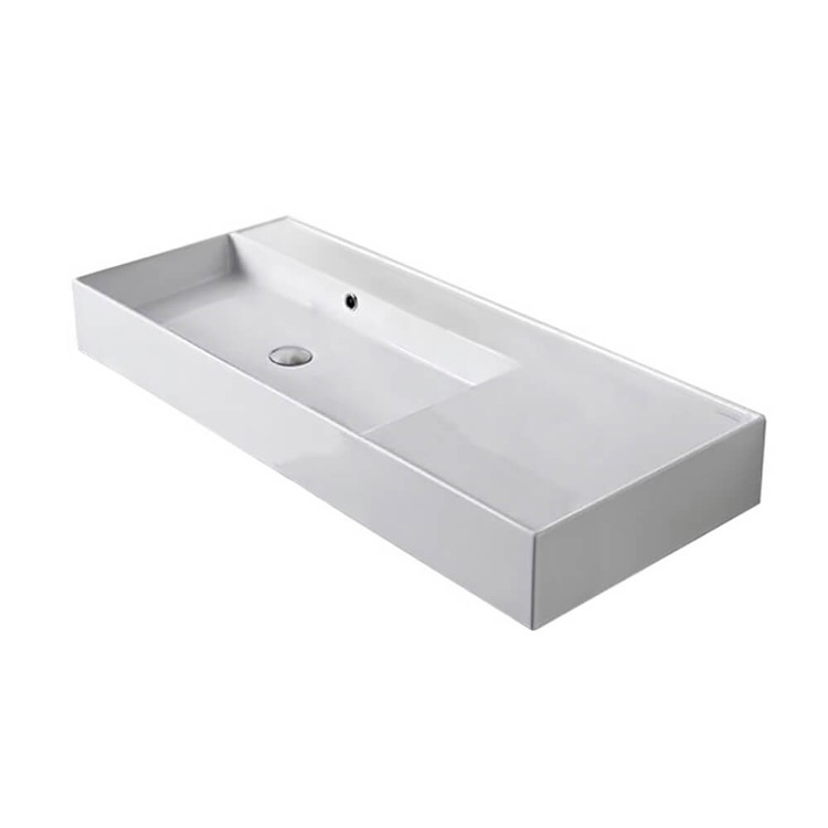 Nameeks 5119-No-Hole Scarabeo Rectangular Ceramic Wall Mounted or Vessel Sink With Counter Space - White