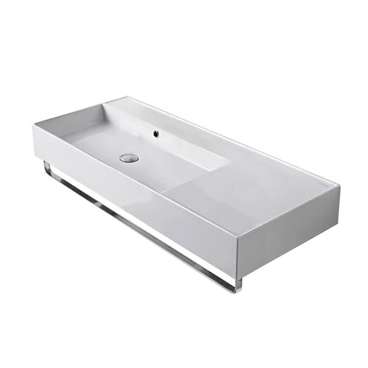 Nameeks 5119-TB-No-Hole Scarabeo Rectangular Ceramic Wall Mounted Sink With Counter Space, Towel Bar Included - White