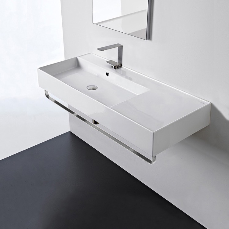 Nameeks 5119-TB-One-Hole Scarabeo Rectangular Ceramic Wall Mounted Sink With Counter Space, Towel Bar Included - White