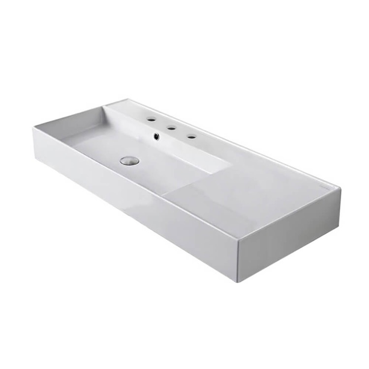 Nameeks 5119-Three-Hole Scarabeo Rectangular Ceramic Wall Mounted or Vessel Sink With Counter Space - White