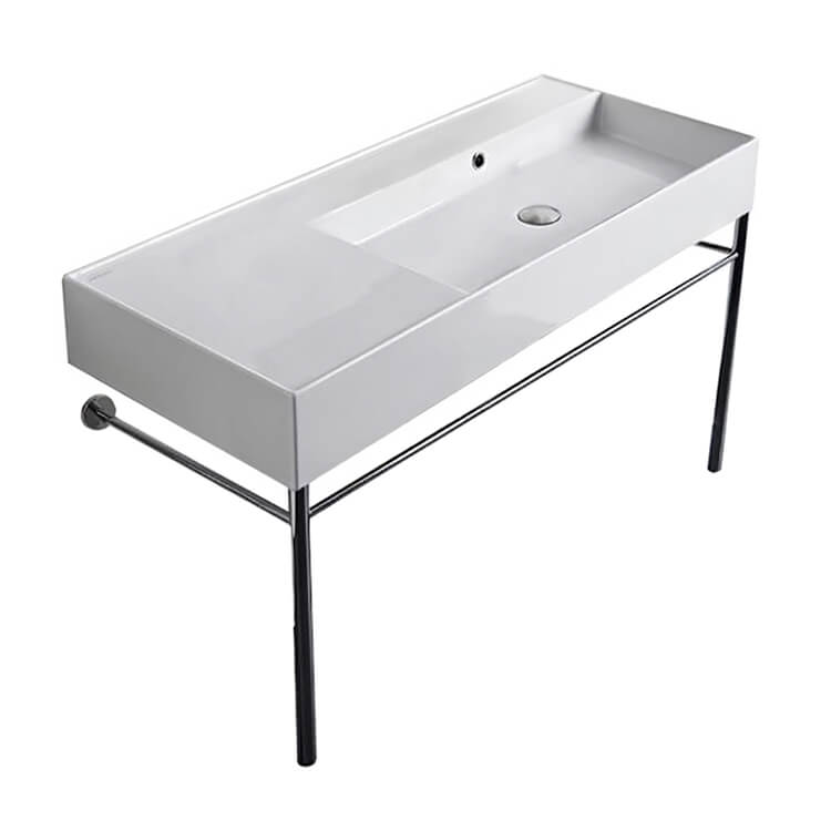 Nameeks 5120-CON-No-Hole Scarabeo Rectangular Ceramic Console Sink and Polished Chrome Stand - White