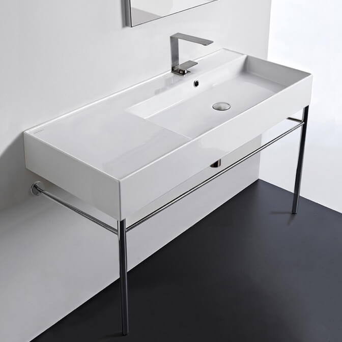 Nameeks 5120-CON-One-Hole Scarabeo Rectangular Ceramic Console Sink and Polished Chrome Stand - White