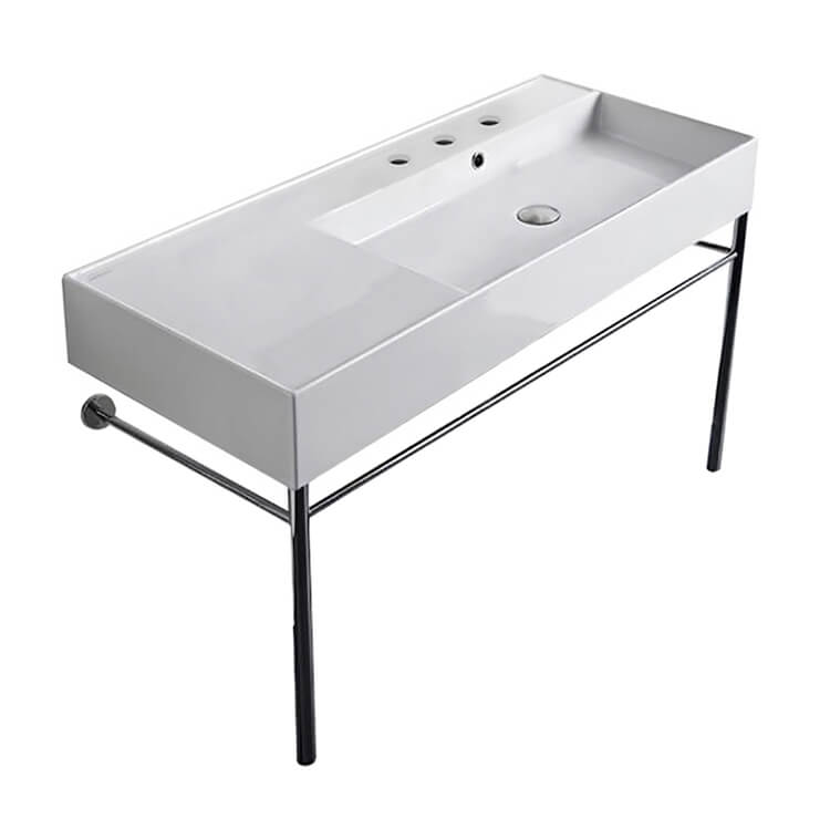 Nameeks 5120-CON-Three-Hole Scarabeo Rectangular Ceramic Console Sink and Polished Chrome Stand - White