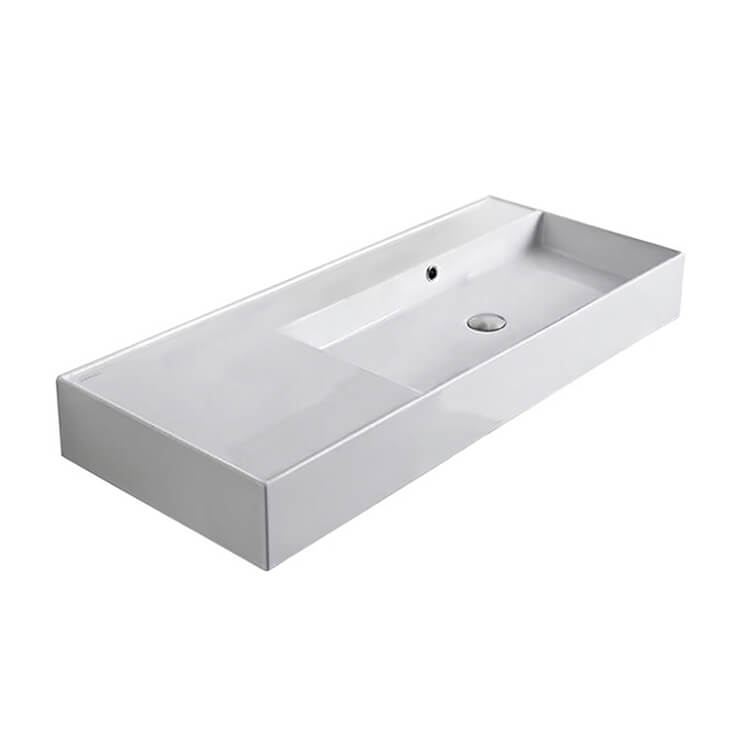 Nameeks 5120-No-Hole Scarabeo Rectangular Ceramic Wall Mounted or Vessel Sink With Counter Space - White