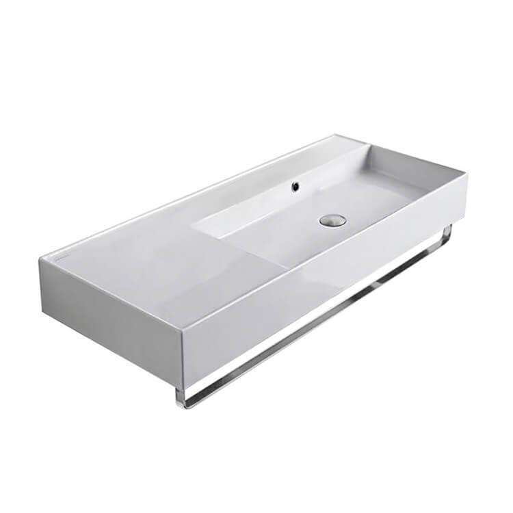 Nameeks 5120-TB-No-Hole Scarabeo Rectangular Ceramic Wall Mounted Sink With Counter Space, Towel Bar Included - White