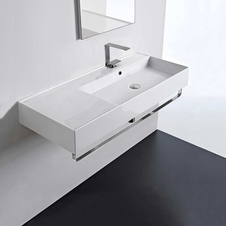 Nameeks 5120-TB-One-Hole Scarabeo Rectangular Ceramic Wall Mounted Sink With Counter Space, Towel Bar Included - White