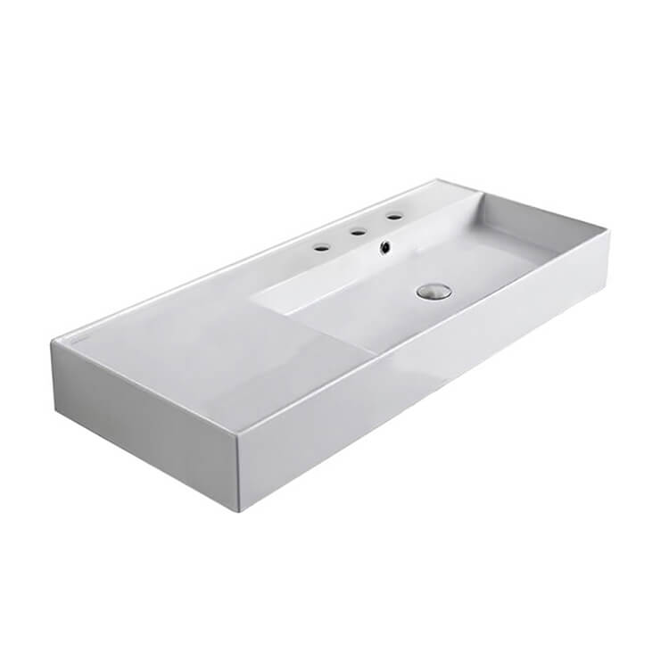 Nameeks 5120-Three-Hole Scarabeo Rectangular Ceramic Wall Mounted or Vessel Sink With Counter Space - White