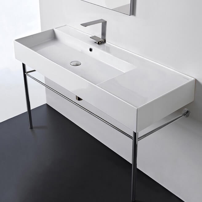 Nameeks 5121-CON-One-Hole Scarabeo Rectangular Ceramic Console Sink and Polished Chrome Stand - White