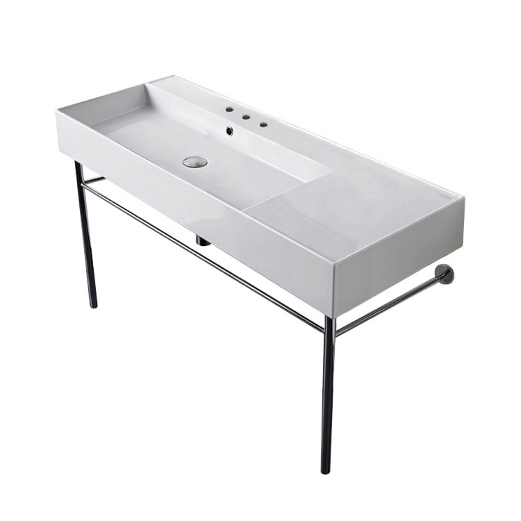 Nameeks 5121-CON-Three-Hole Scarabeo Rectangular Ceramic Console Sink and Polished Chrome Stand - White