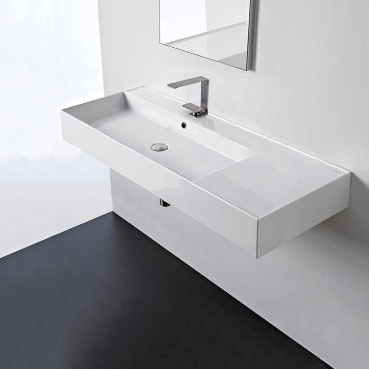 Nameeks 5121-One-Hole Scarabeo Rectangular Ceramic Wall Mounted or Vessel Sink With Counter Space - White