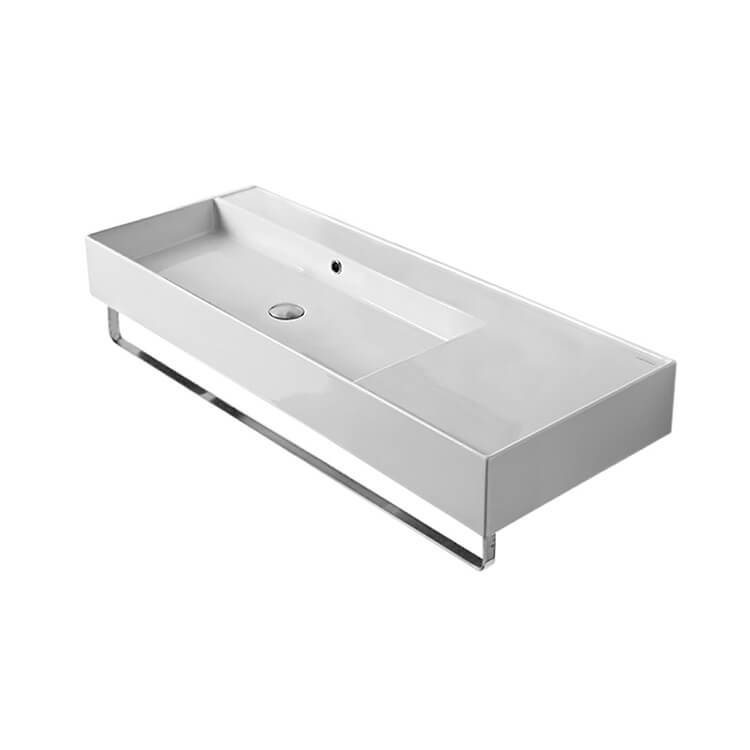 Nameeks 5121-TB-No-Hole Scarabeo Rectangular Ceramic Wall Mounted Sink With Counter Space, Towel Bar Included - White