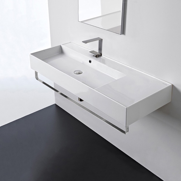 Nameeks 5121-TB-One-Hole Scarabeo Rectangular Ceramic Wall Mounted Sink With Counter Space, Towel Bar Included - White