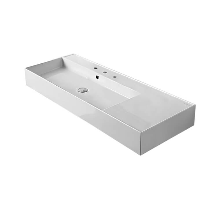 Nameeks 5121-Three-Hole Scarabeo Rectangular Ceramic Wall Mounted or Vessel Sink With Counter Space - White