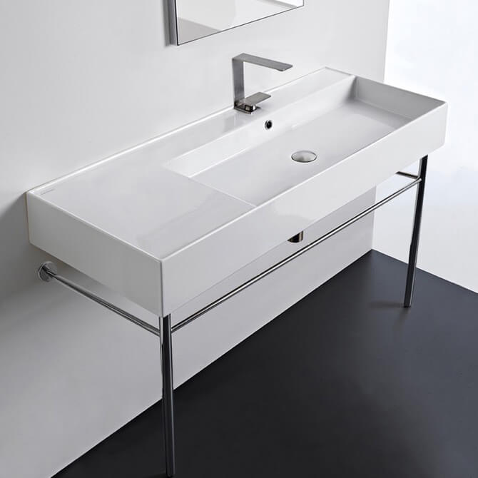 Nameeks 5122-CON-One-Hole Scarabeo Rectangular Ceramic Console Sink and Polished Chrome Stand - White