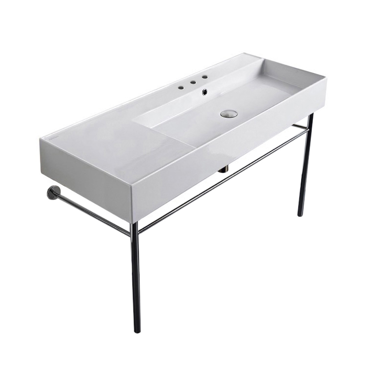 Nameeks 5122-CON-Three-Hole Scarabeo Rectangular Ceramic Console Sink and Polished Chrome Stand - White