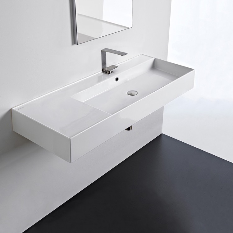 Nameeks 5122-One-Hole Scarabeo Rectangular Ceramic Wall Mounted or Vessel Sink With Counter Space - White