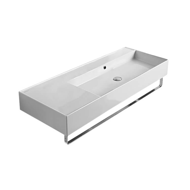 Nameeks 5122-TB-No-Hole Scarabeo Rectangular Ceramic Wall Mounted Sink With Counter Space, Towel Bar Included - White