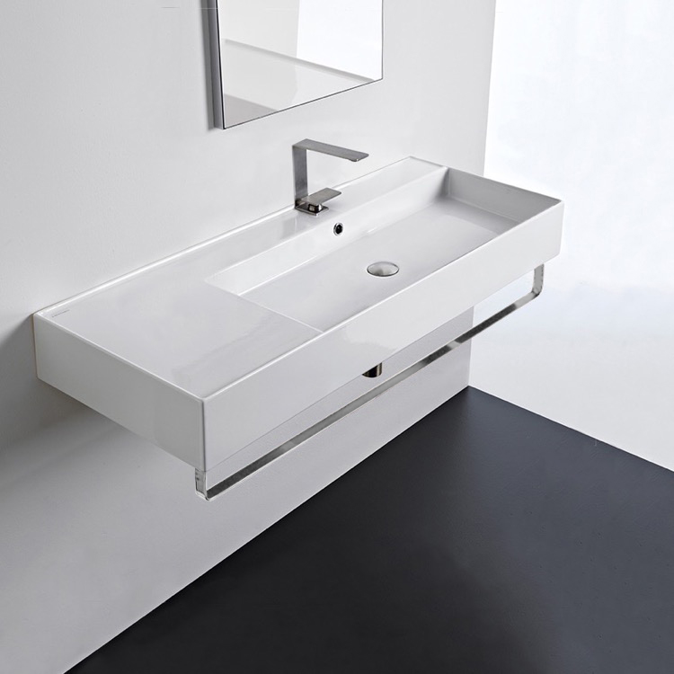 Nameeks 5122-TB-One-Hole Scarabeo Rectangular Ceramic Wall Mounted Sink With Counter Space, Towel Bar Included - White