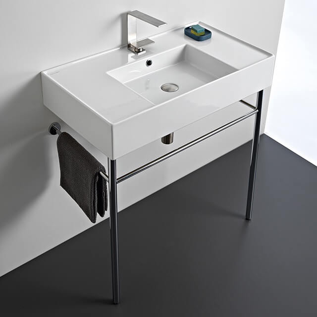 Nameeks 5123-CON-One-Hole Scarabeo Rectangular Ceramic Console Sink and Polished Chrome Stand - White