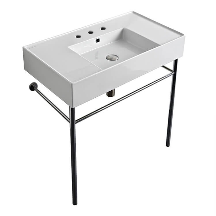 Nameeks 5123-CON-Three-Hole Scarabeo Rectangular Ceramic Console Sink and Polished Chrome Stand - White