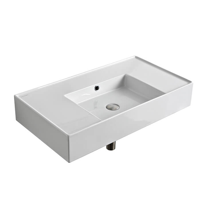 Nameeks 5123-No-Hole Scarabeo Rectangular Ceramic Wall Mounted or Vessel Sink With Counter Space - White