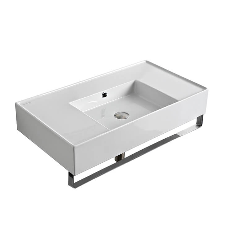 Nameeks 5123-TB-No-Hole Scarabeo Rectangular Ceramic Wall Mounted Sink With Counter Space, Includes Towel Bar - White