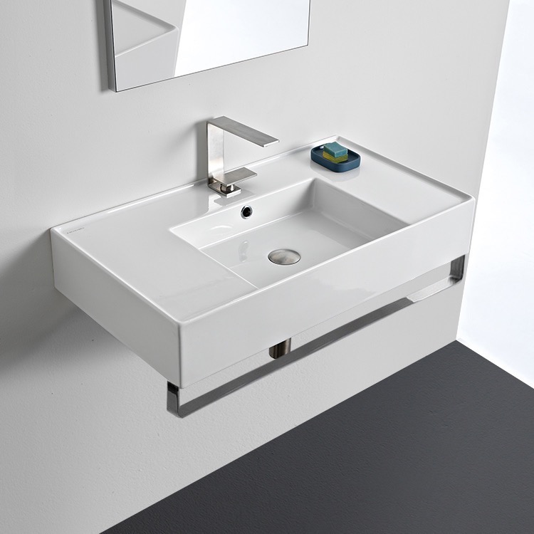 Nameeks 5123-TB-One-Hole Scarabeo Rectangular Ceramic Wall Mounted Sink With Counter Space, Includes Towel Bar - White