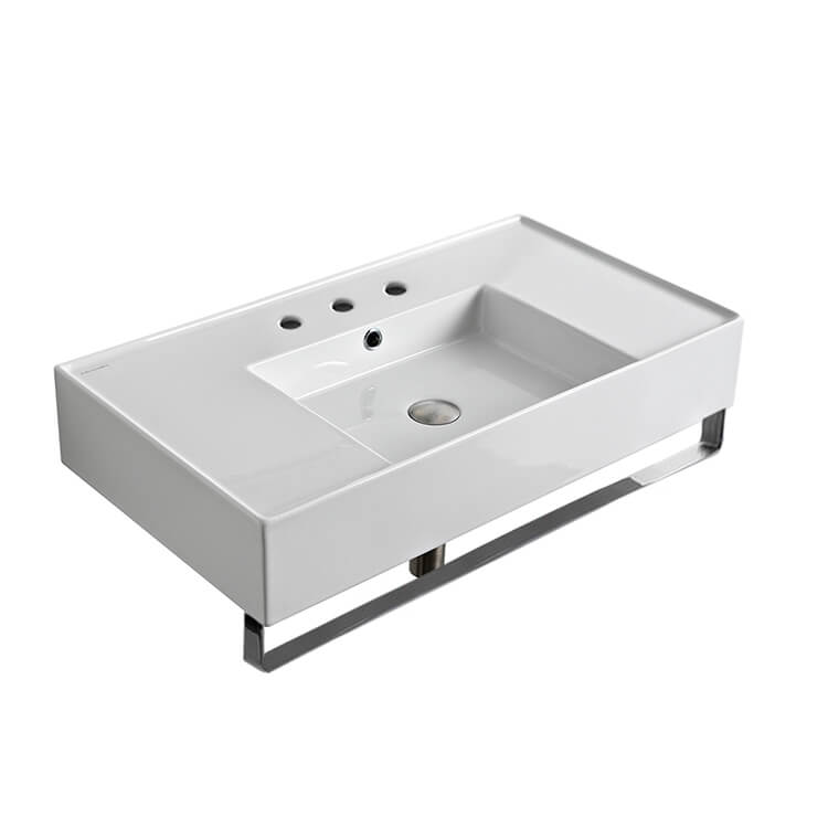 Nameeks 5123-TB-Three-Hole Scarabeo Rectangular Ceramic Wall Mounted Sink With Counter Space, Includes Towel Bar - White