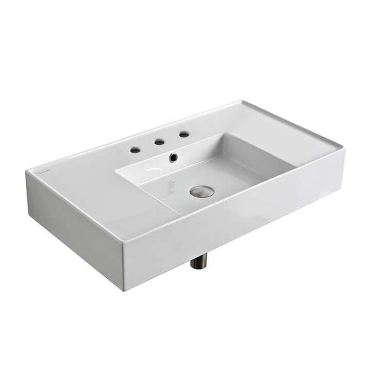 Nameeks 5123-Three-Hole Scarabeo Rectangular Ceramic Wall Mounted or Vessel Sink With Counter Space - White