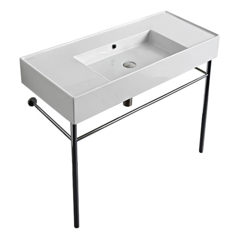 Nameeks 5124-CON-No-Hole Scarabeo Rectangular Ceramic Console Sink and Polished Chrome Stand - White