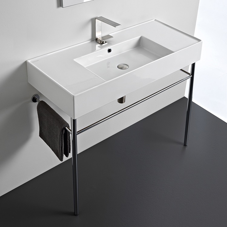 Nameeks 5124-CON-One-Hole Scarabeo Rectangular Ceramic Console Sink and Polished Chrome Stand - White