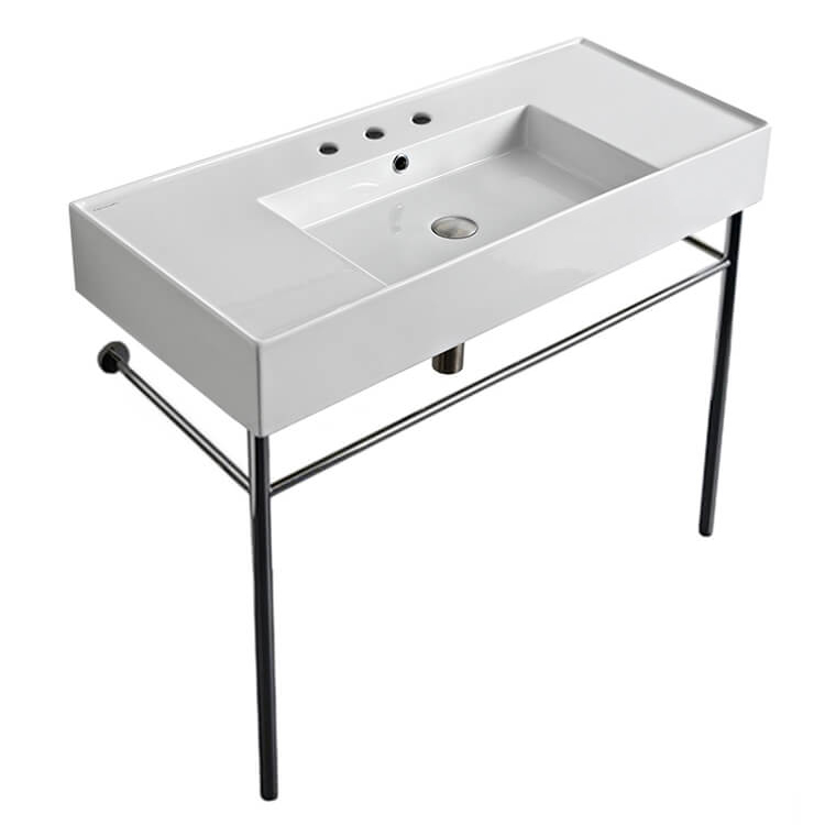 Nameeks 5124-CON-Three-Hole Scarabeo Rectangular Ceramic Console Sink and Polished Chrome Stand - White