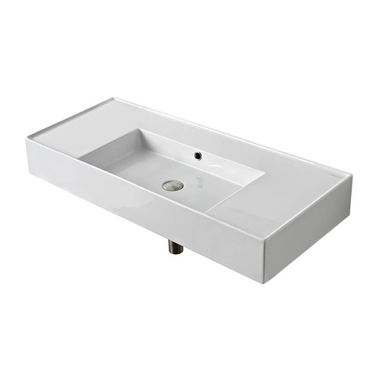 Nameeks 5124-No-Hole Scarabeo Rectangular Ceramic Wall Mounted or Vessel Sink With Counter Space - White