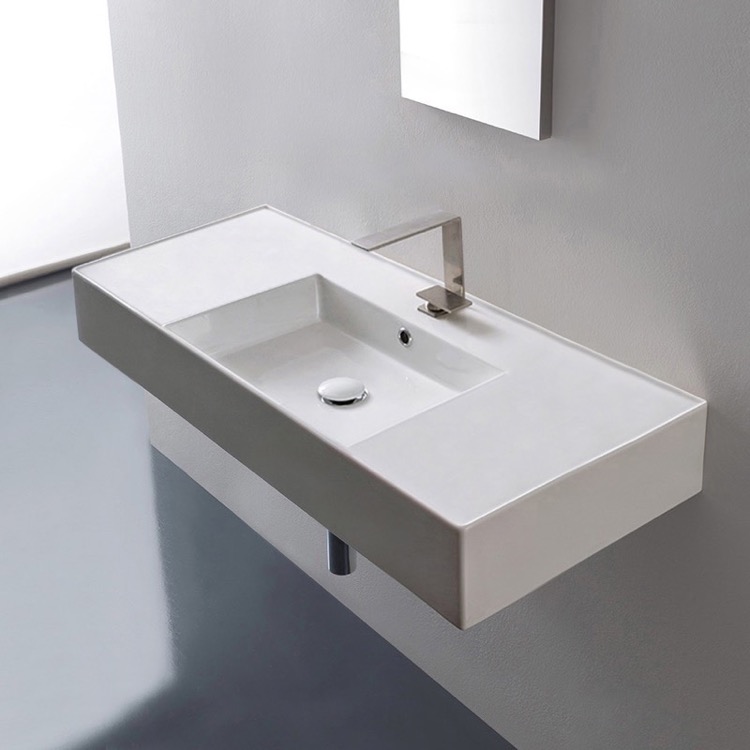 Nameeks 5124-One-Hole Scarabeo Rectangular Ceramic Wall Mounted or Vessel Sink With Counter Space - White