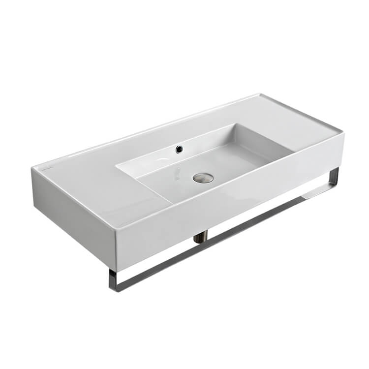 Nameeks 5124-TB-No-Hole Scarabeo Rectangular Ceramic Wall Mounted Sink With Counter Space, Includes Towel Bar - White