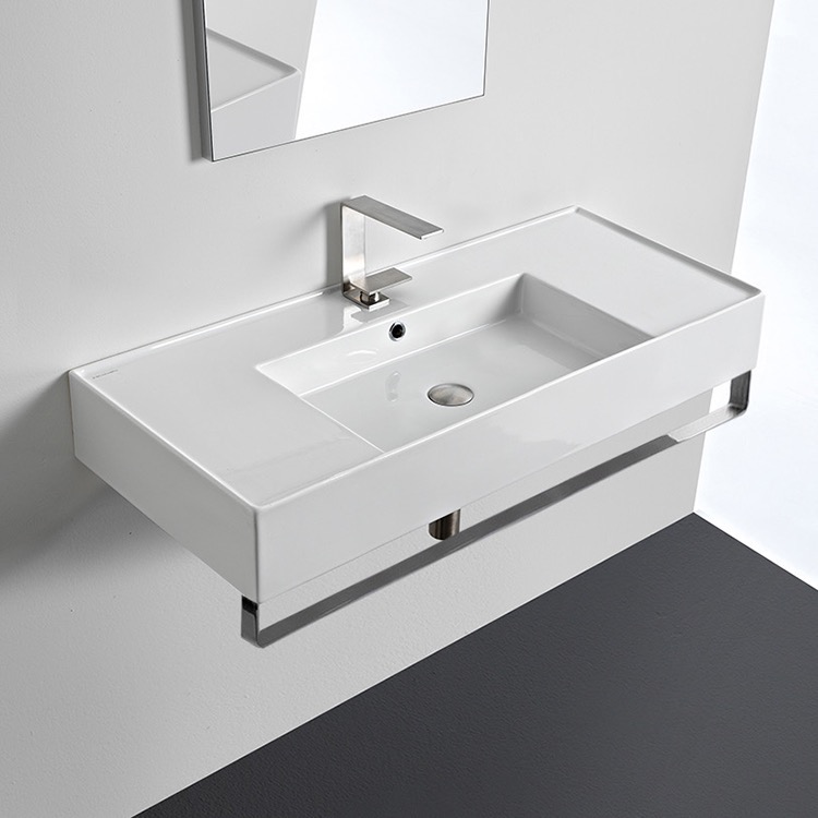 Nameeks 5124-TB-One-Hole Scarabeo Rectangular Ceramic Wall Mounted Sink With Counter Space, Includes Towel Bar - White