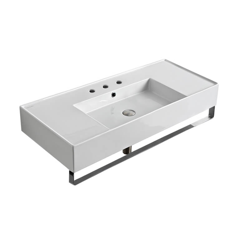 Nameeks 5124-TB-Three-Hole Scarabeo Rectangular Ceramic Wall Mounted Sink With Counter Space, Includes Towel Bar - White