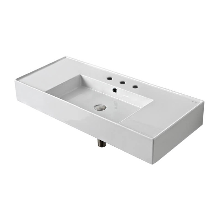 Nameeks 5124-Three-Hole Scarabeo Rectangular Ceramic Wall Mounted or Vessel Sink With Counter Space - White