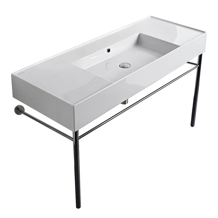 Nameeks 5125-CON-No-Hole Scarabeo Rectangular Ceramic Console Sink and Polished Chrome Stand - White