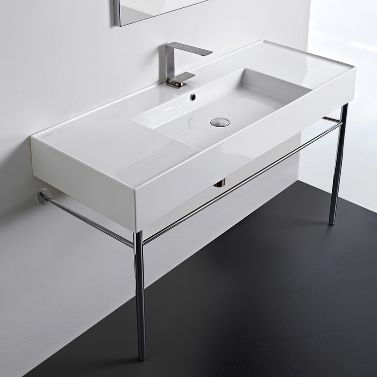 Nameeks 5125-CON-One-Hole Scarabeo Rectangular Ceramic Console Sink and Polished Chrome Stand - White