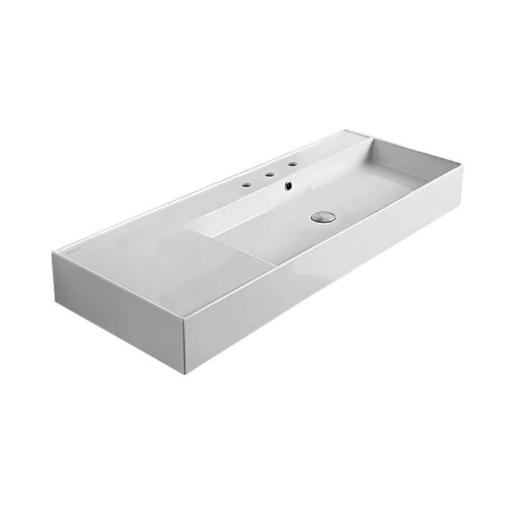 Nameeks 5125-No-Hole Scarabeo Rectangular Ceramic Wall Mounted or Vessel Sink With Counter Space - White